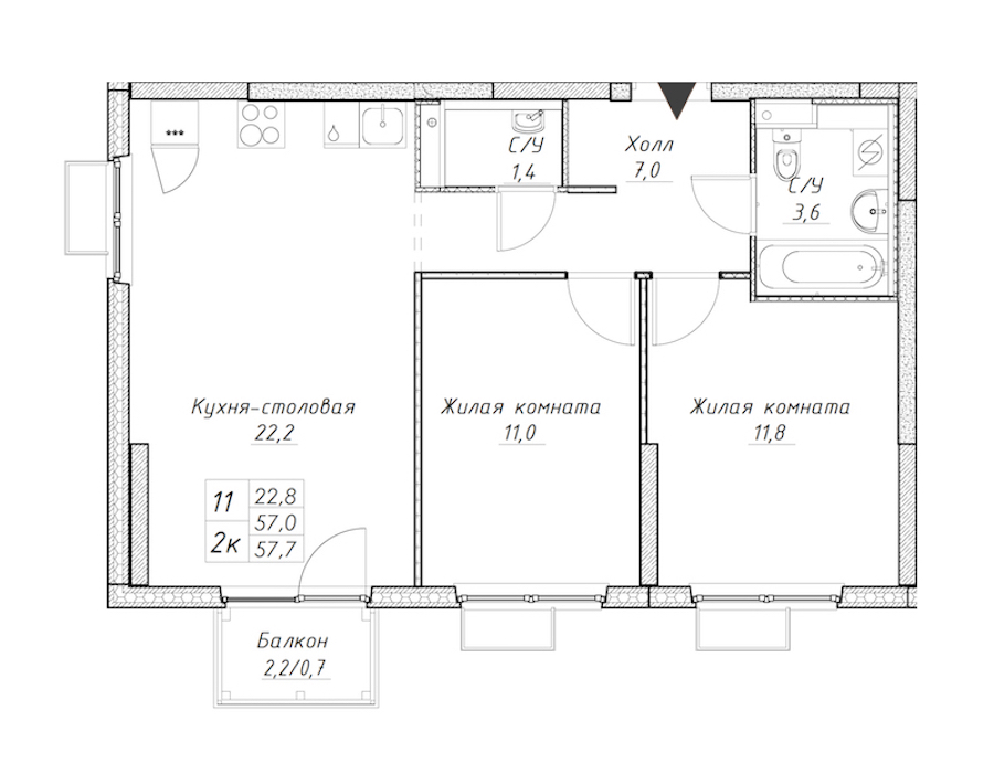 2-комнатная квартира 57.7 м², 12/15 эт., ЖК «Заречный парк»
